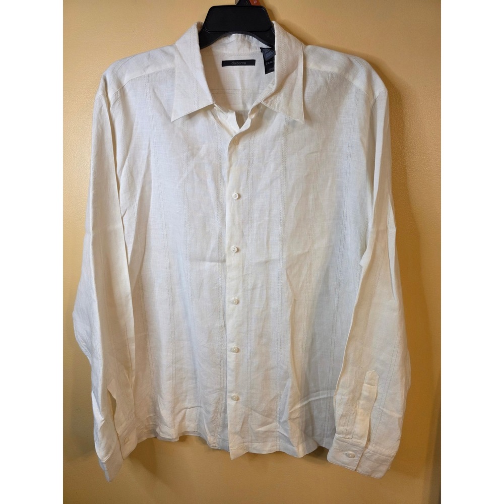 Claiborne Mens XXL Linen Blend Long Sleeve Button Down Shirt Ivory Textured XXL